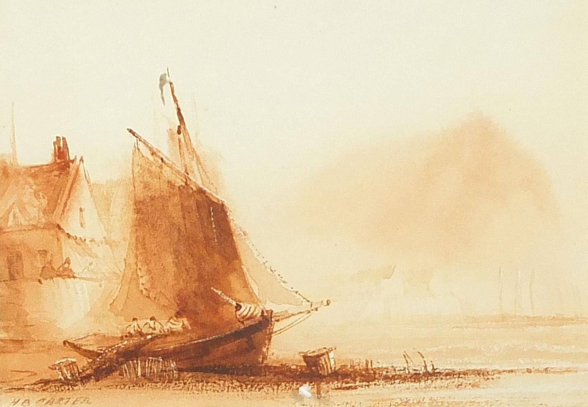 Henry Barlow Carter - Sailing vessel on a beach, 19th century sanguine watercolour, The Beaufort