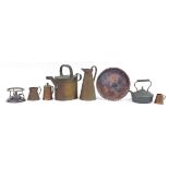 Victorian and later copper including watering can, kettle & stand and circular tray retailed by