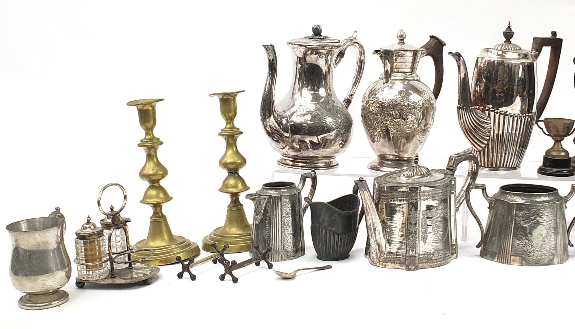 Antique and later metalware including a pair of Victorian brass candlesticks with pushers, pewter - Image 2 of 4