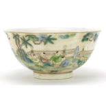 Chinese porcelain footed bowl, hand painted in the famille Verte pallet with figures, six figure