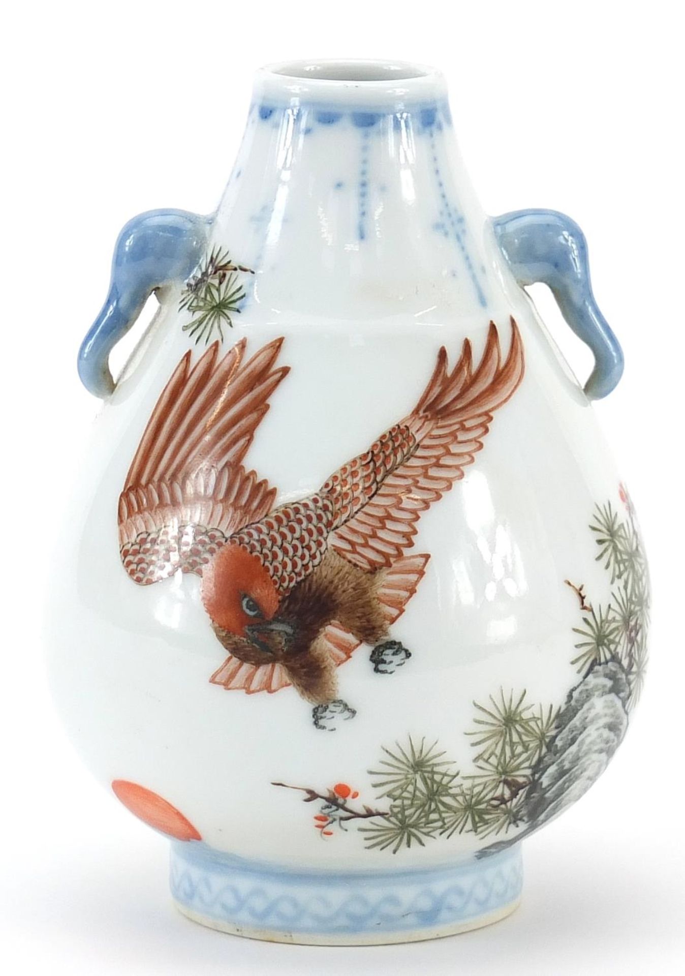 Chinese porcelain Hu arrow vase with elephant head handles hand painted with a bird of paradise