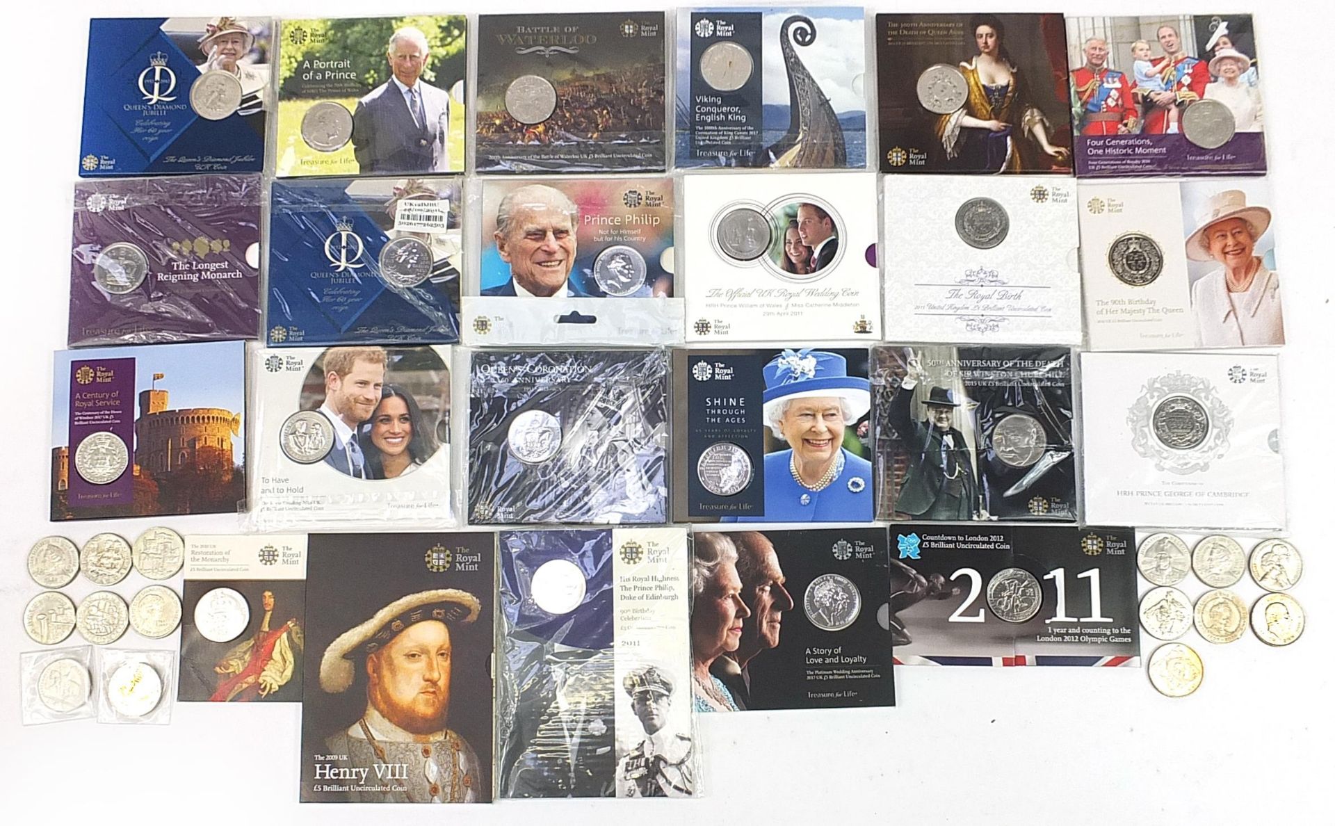 Collection of commemorative coinage, mostly five pound coins, some with covers including Winston