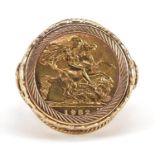Elizabeth II 1982 gold half sovereign with 9ct gold ring mount set with diamonds to the shoulders,