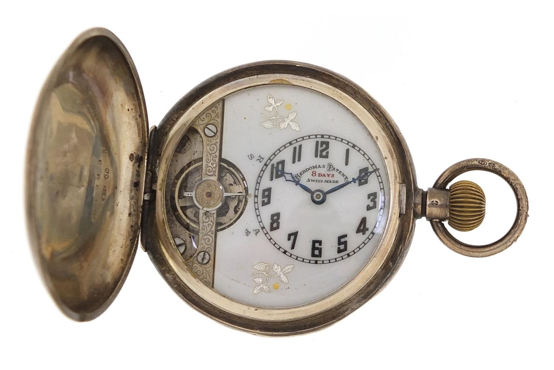 Hebdomas, silver full hunter pocket watch with enamelled dial, 50mm in diameter