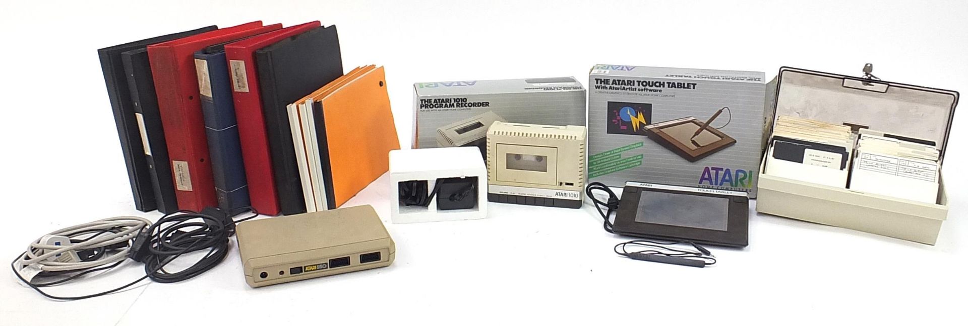 Atari computer accessories, discs and manuals including 1010 programme recorder and touch tablet