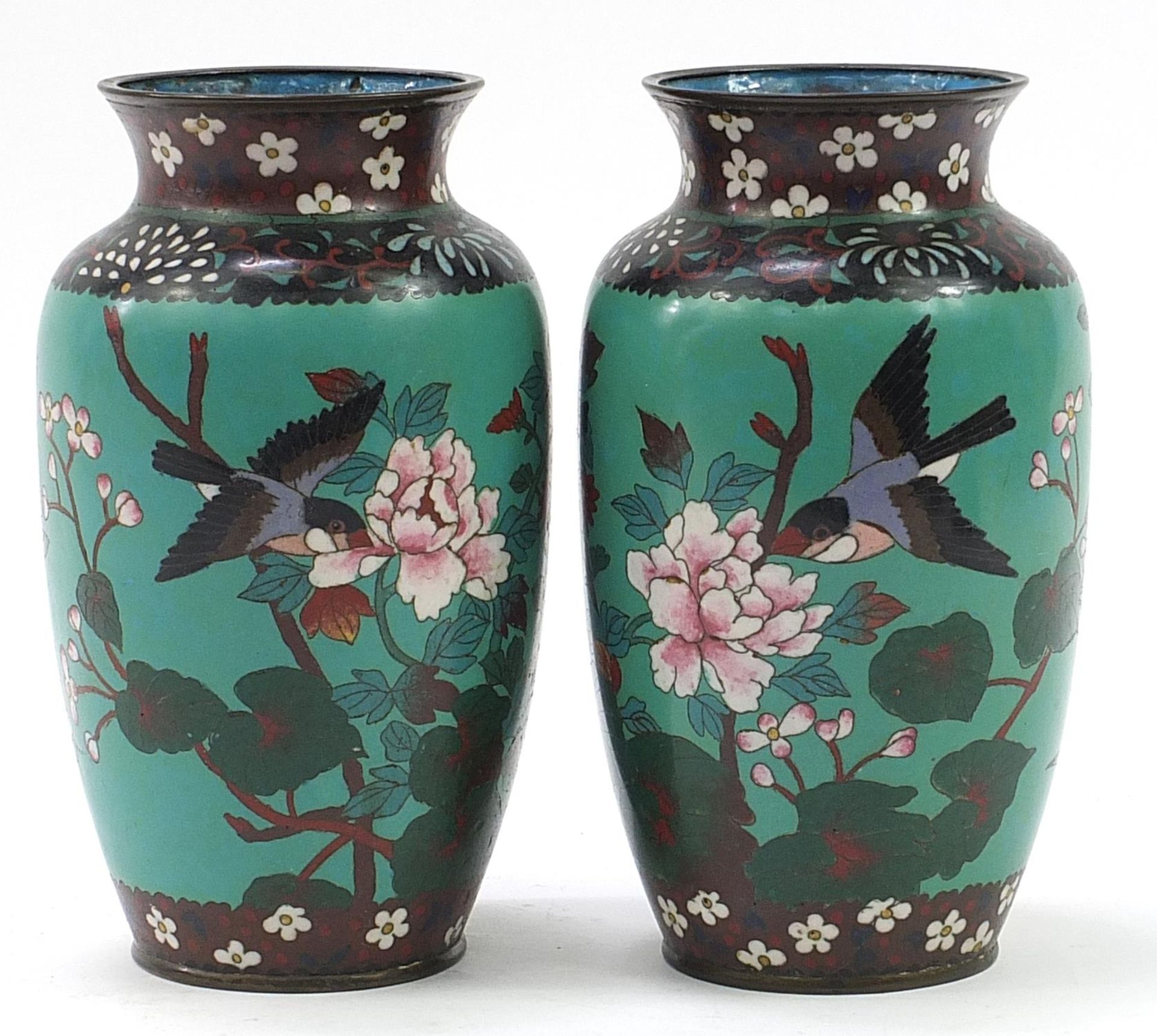 Pair of Japanese cloisonne vases enamelled with birds amongst flowers, each 25cm high - Image 2 of 3