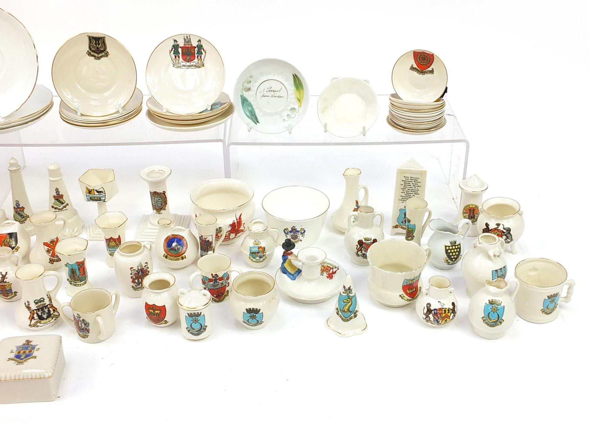 Collection of crested china, some Goss including lighthouses, cauldrons, shoe, cannon and saucers - Image 4 of 4