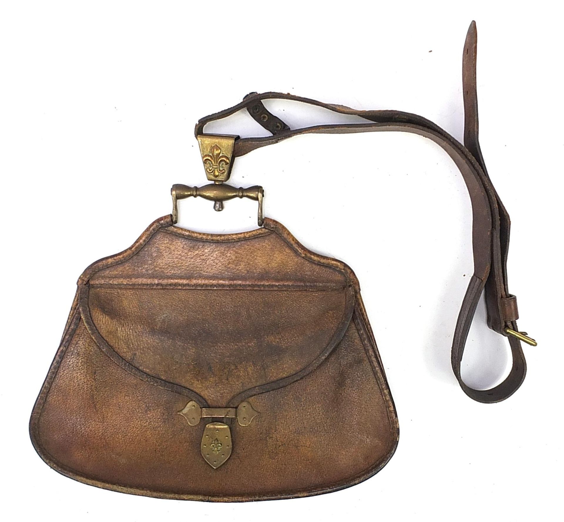 Vintage Hawker's brown leather bag with brass mounts and shoulder strap, the back 38cm wide