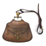 Vintage Hawker's brown leather bag with brass mounts and shoulder strap, the back 38cm wide