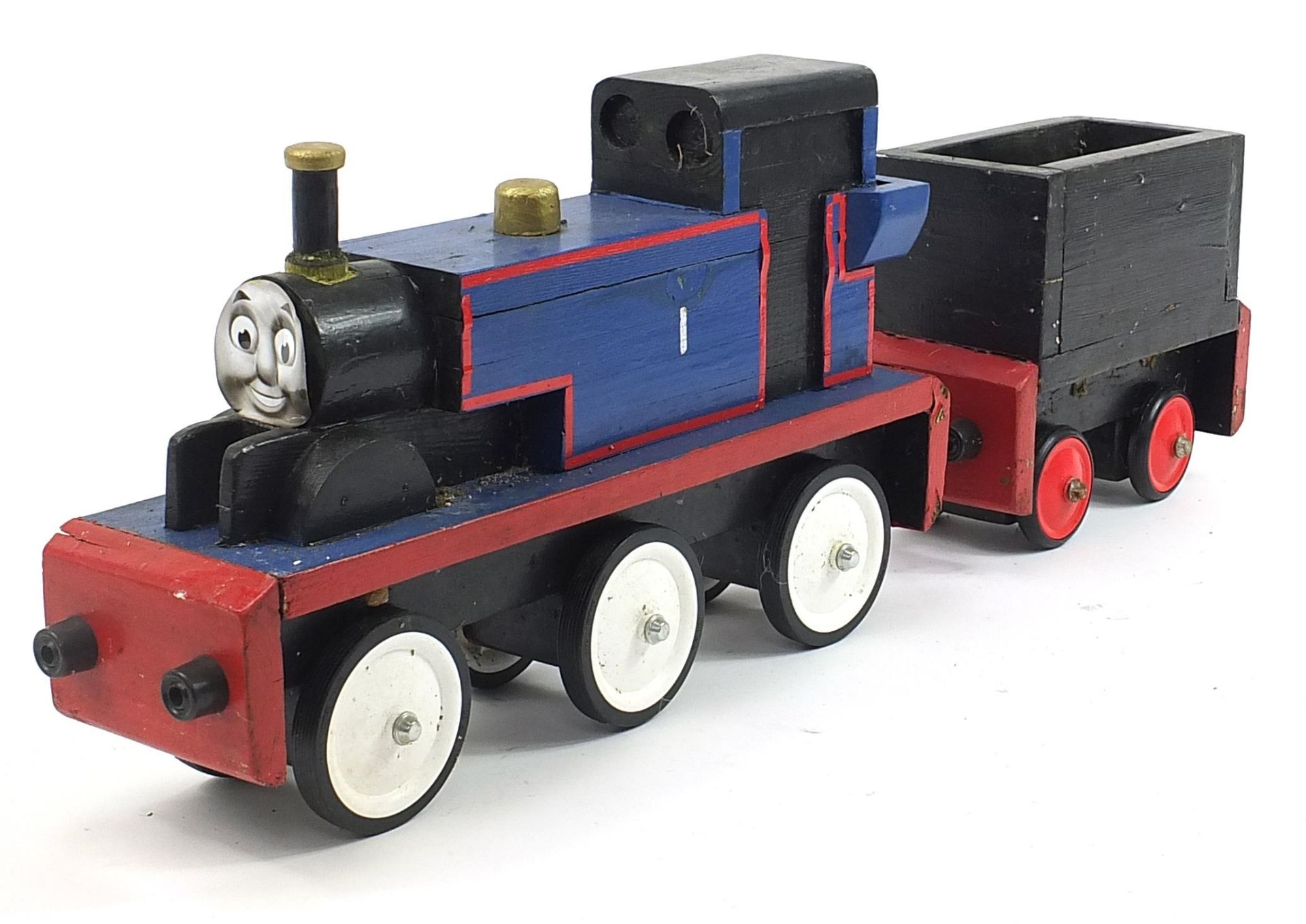 Hand built wooden model of Thomas the Tank engine, overall 90cm in length