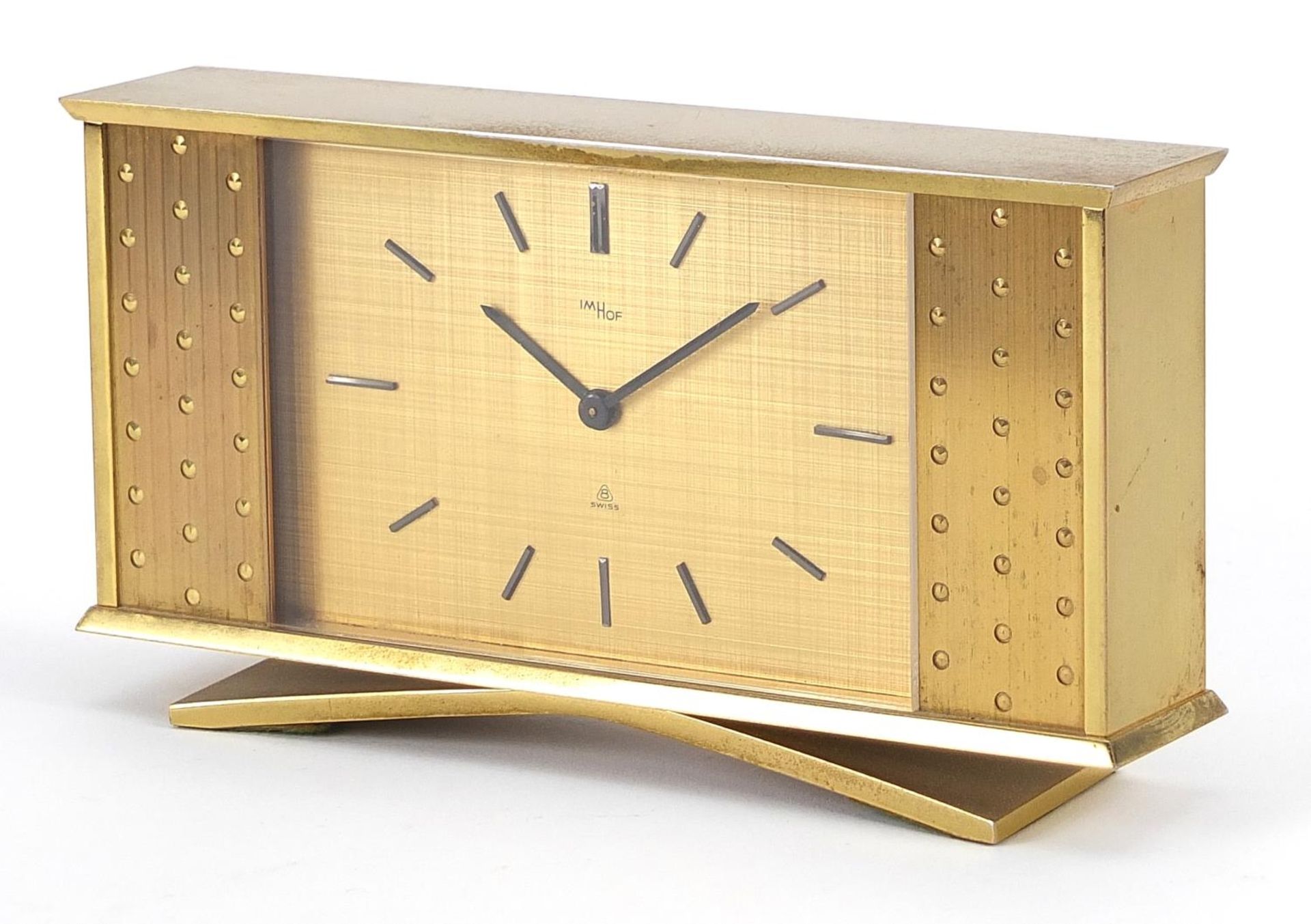 Imhof, Swiss eight day brass desk alarm clock, 16cm wide