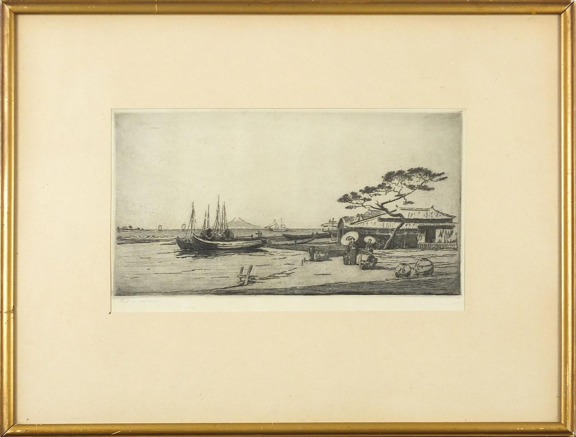 Robert W Allan - Females wearing kimonos before boats, pencil signed print, mounted, framed and - Image 2 of 5