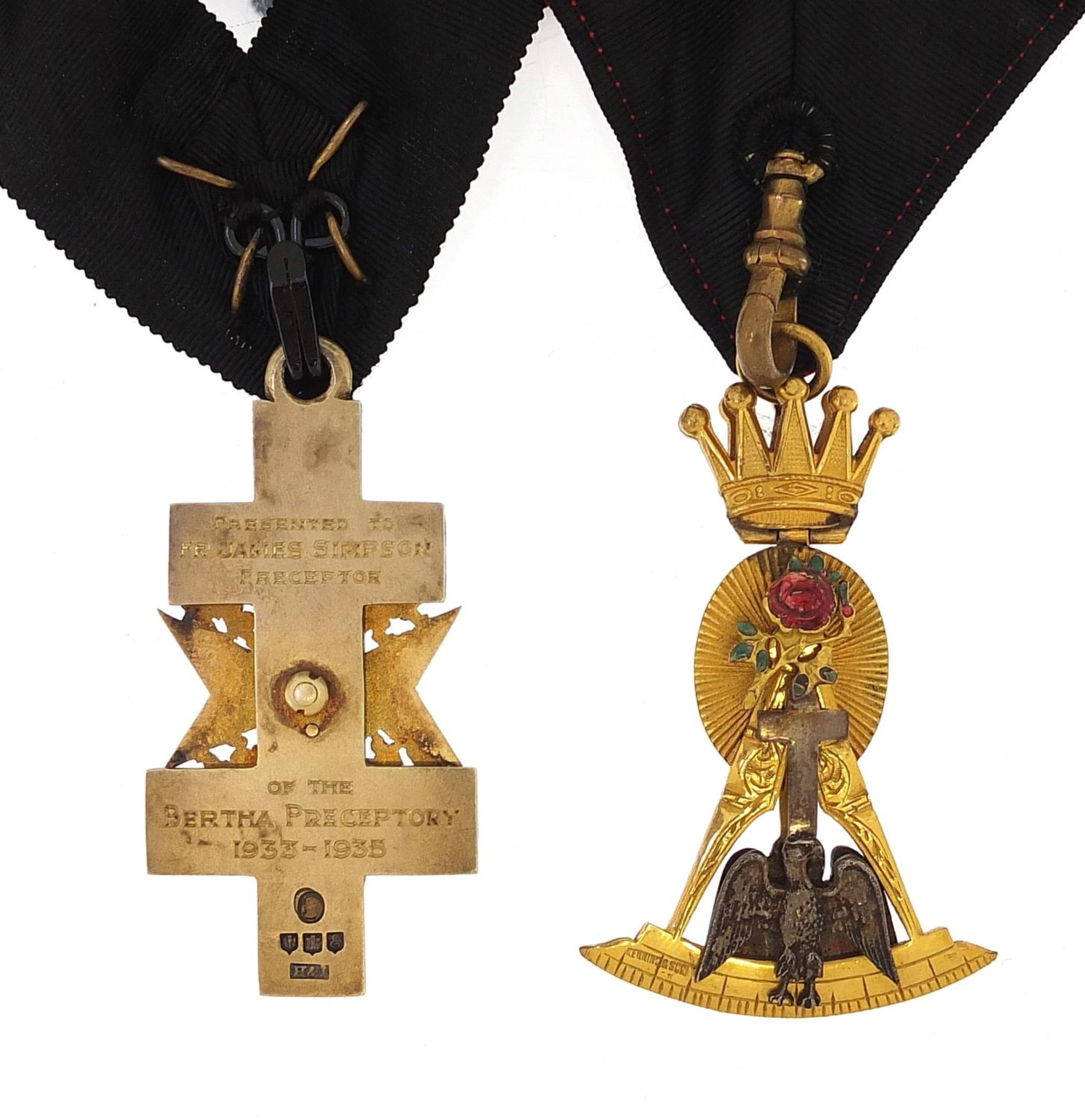 Two masonic silver gilt and enamel jewels including a Knights Templar Cross presented to Fr James - Image 2 of 4