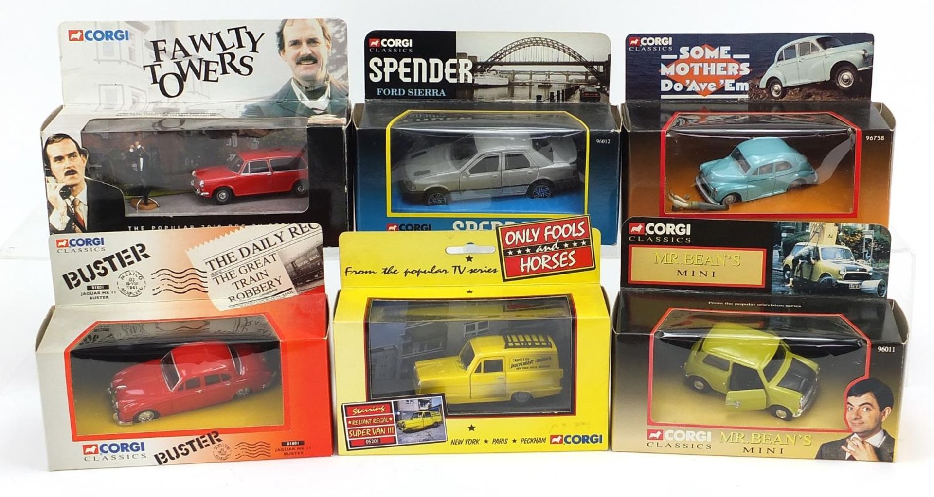 Six Corgi diecast vehicles with boxes including Mr Bean's Mini, Only Fools and Horses, Fawlty Towers