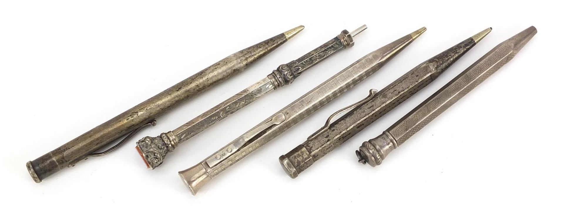 Five antique and later silver propelling pencils including Yard-O-Led, the largest 11.5cm in length - Image 2 of 3