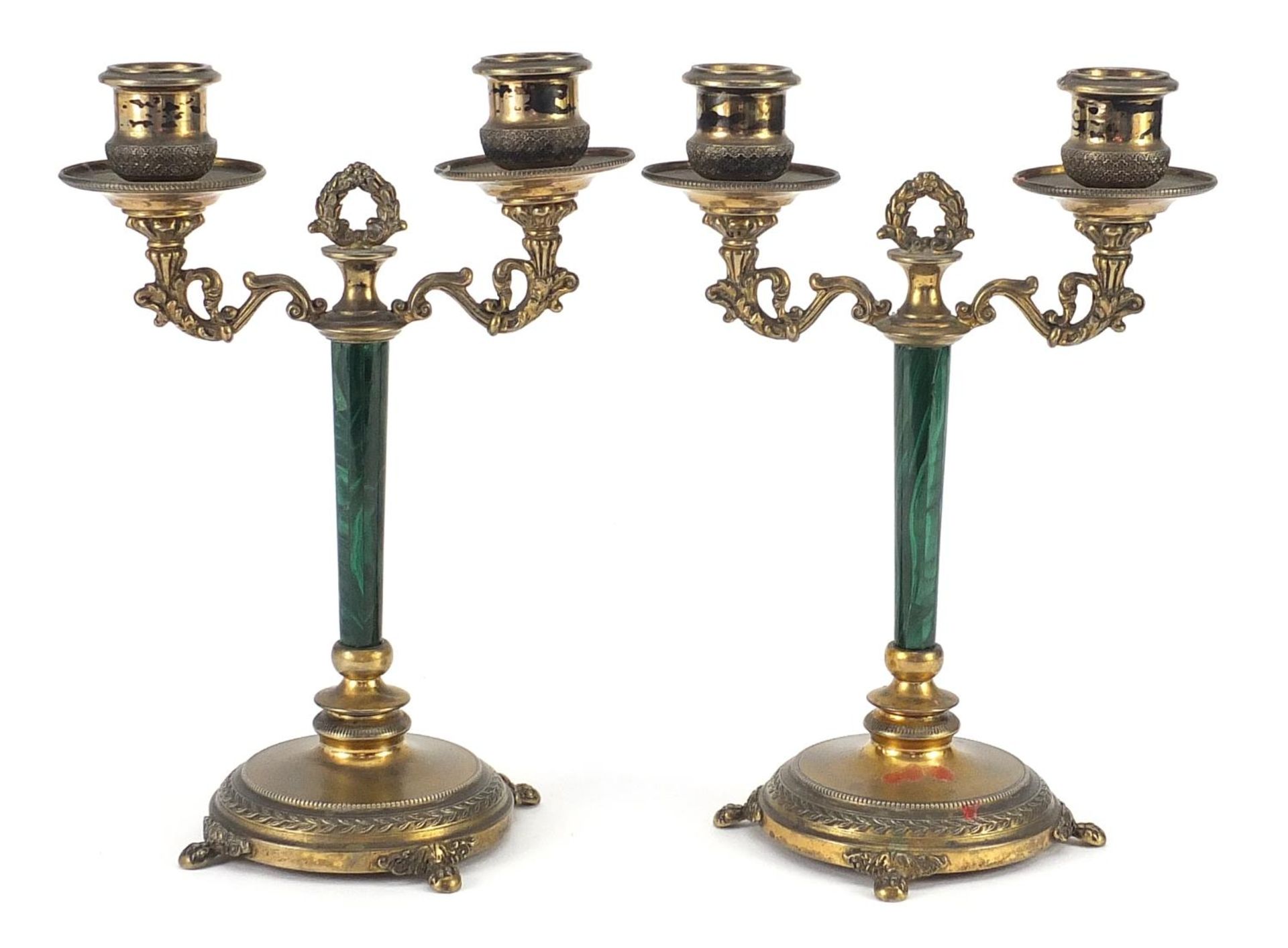 Pair of French Napoleon III silver gilt two branch candelabras with malachite columns, each 21cm - Image 2 of 4