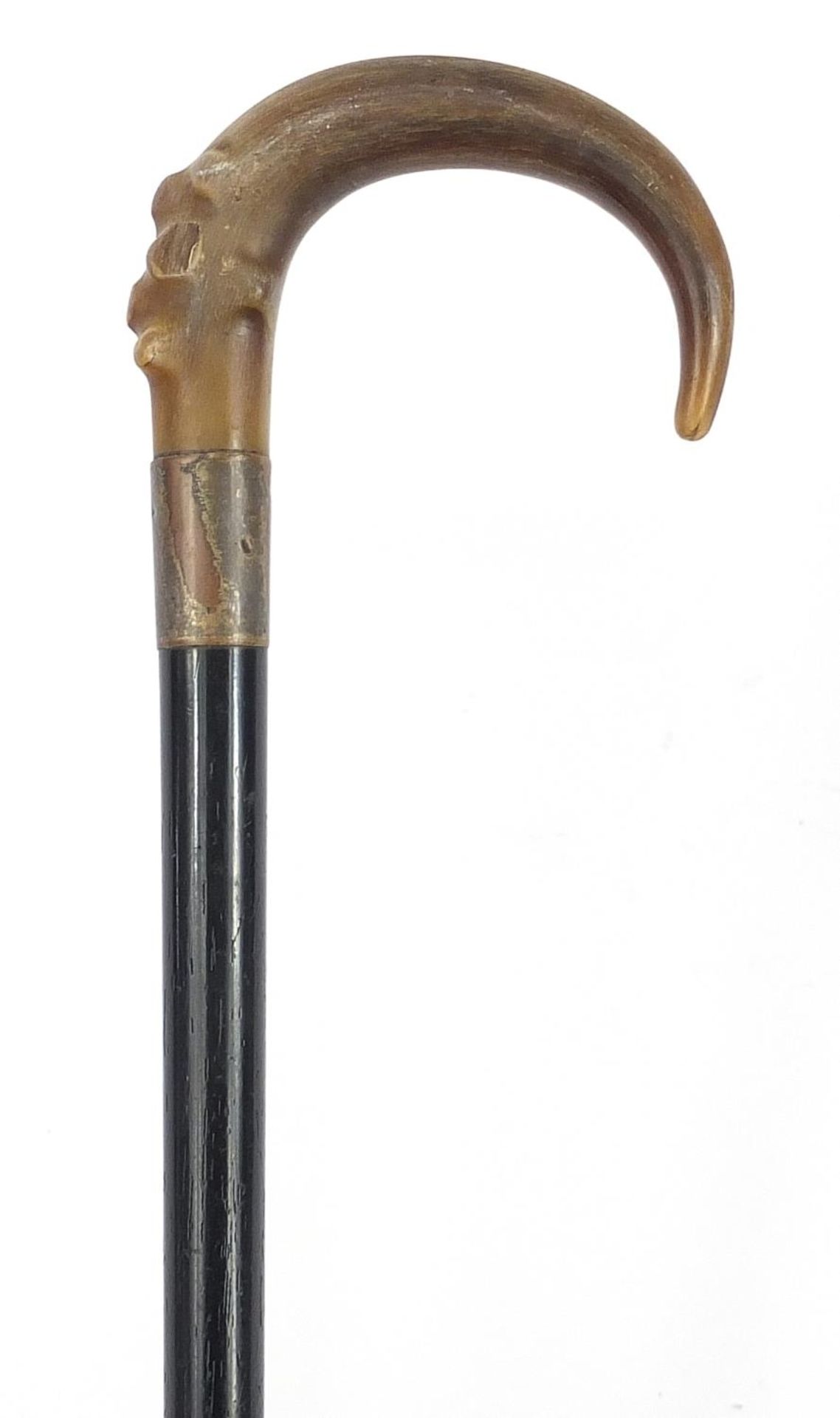 Ebonised walking stick with horn handle, possibly rhinoceros, 84cm in length