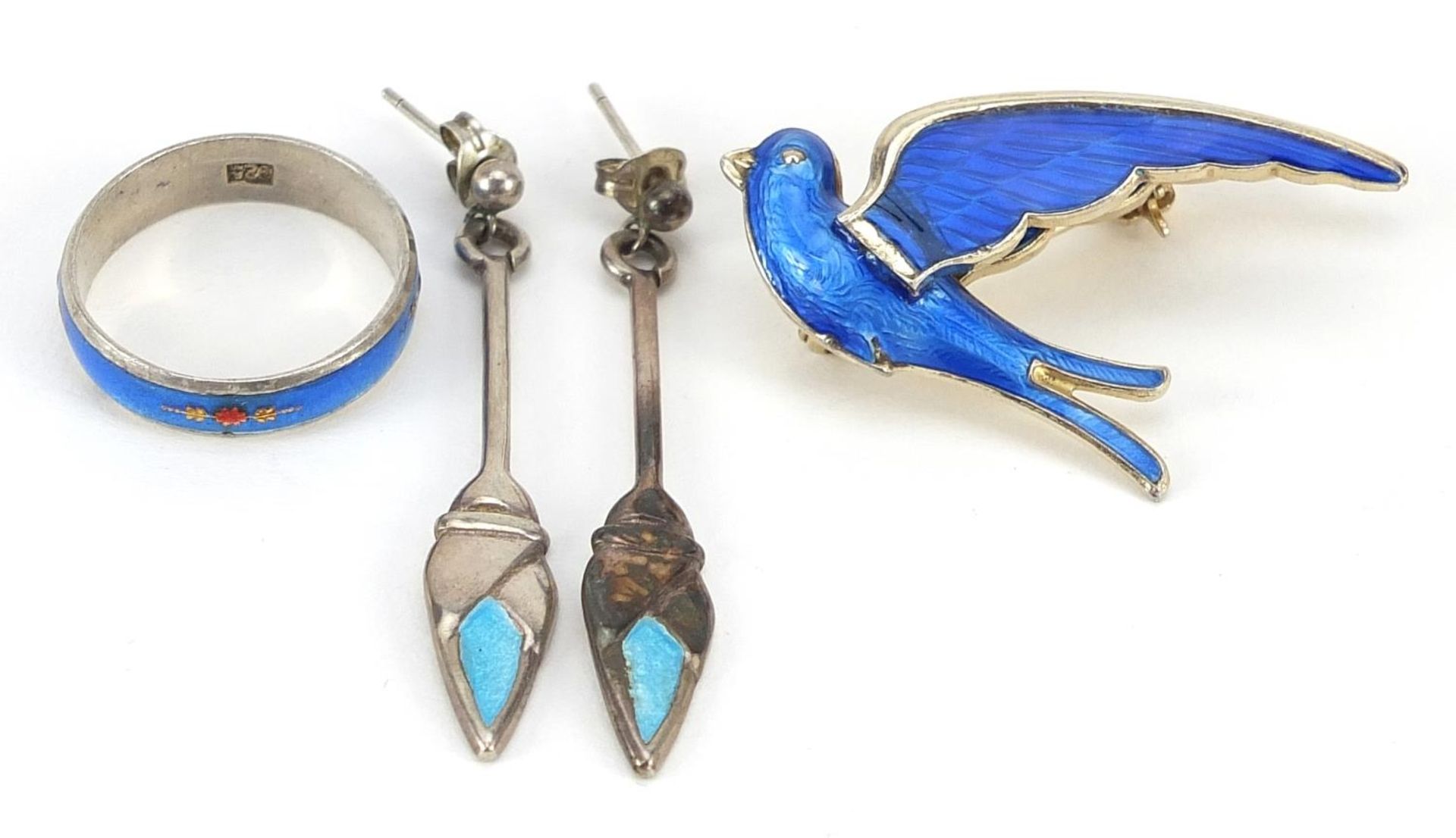 Silver and enamel jewellery including a Norwegian bird brooch, the largest 4cm high, total 12.3g