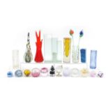 Art glass vases and paperweights including Caithness, Strathearn and Murano, the largest 38cm high