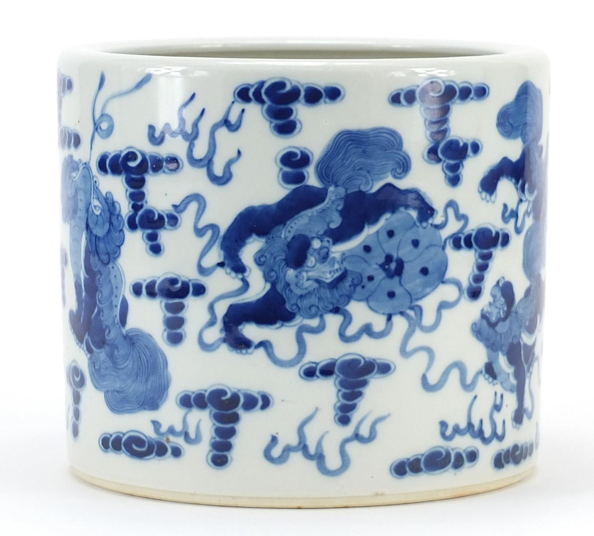 Chinese blue and white porcelain brush pot hand painted with qilins, blue ring marks to the base, - Image 2 of 3