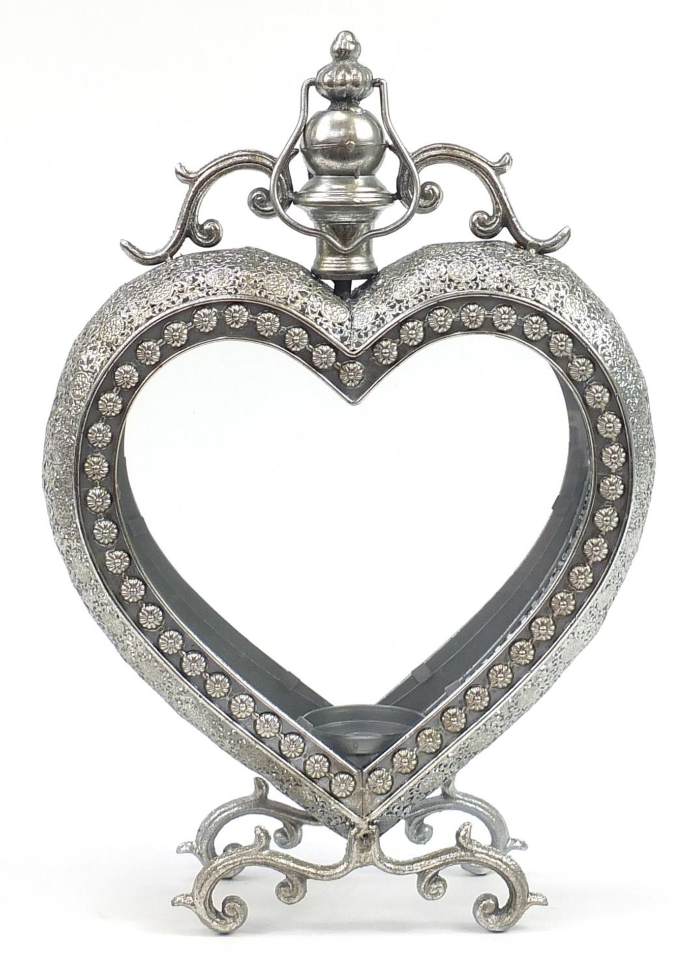 Ornate silvered love heart tealight holder with glass panels, 52cm high