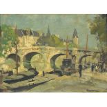 Edward Wesson - River landscape with bridge before a town, oil on board, framed, 35cm x 28cm