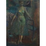 Standing nude female in an interior, surreal oil on board, framed, bearing an indistinct