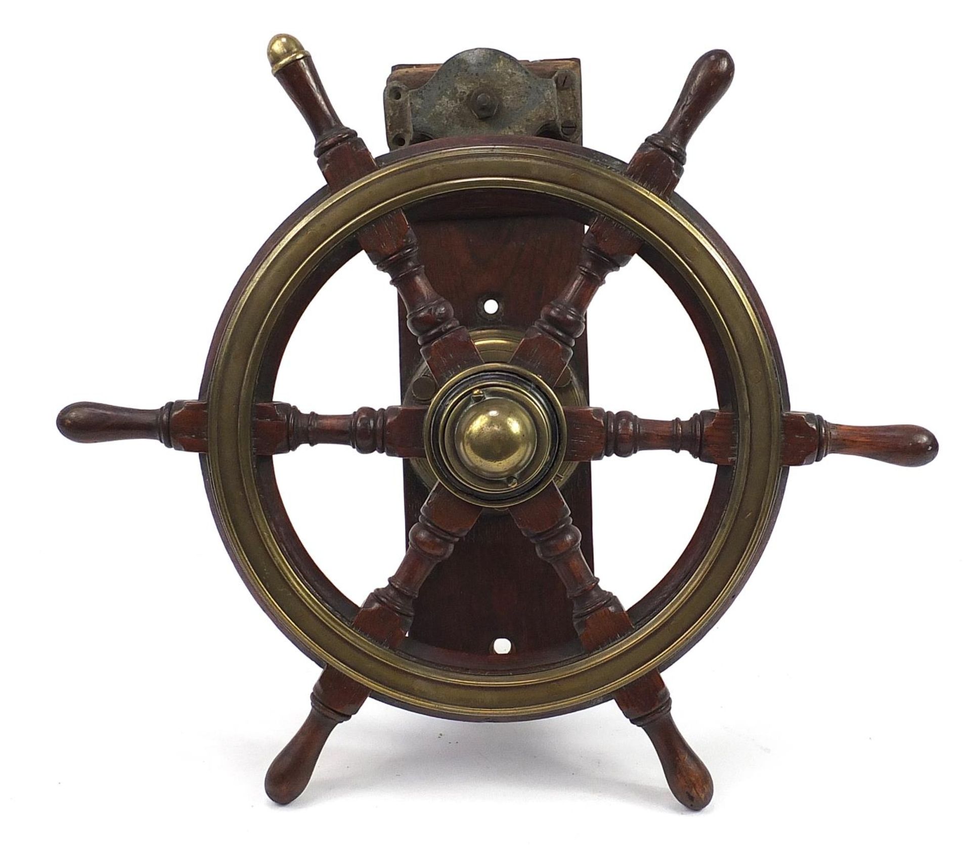 Naval interest hardwood ship's wheel with brass mounts, reputedly from HMT Empire Windrush - Image 2 of 7