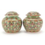 Pair of Chinese porcelain vases and covers hand painted with flowers, each 7cm high