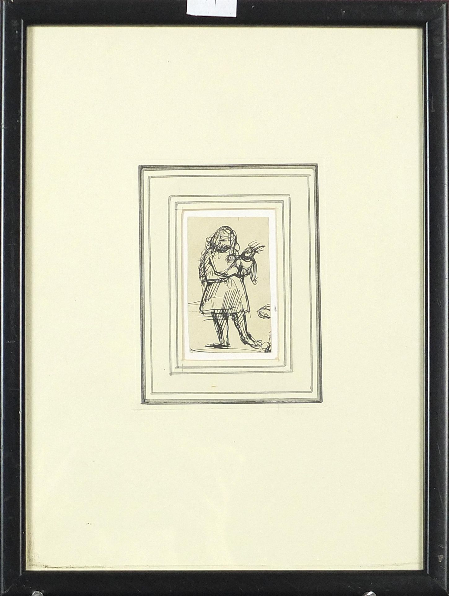 Young girl with a doll and figures in an interior, two pen and ink sketches, each mounted, framed - Bild 5 aus 6