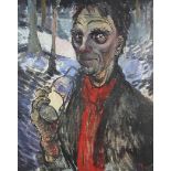 Christine Nisbet - Head and shoulders portrait of a gentleman holding a bottle, monogrammed oil on