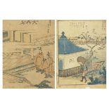 Figures in palace settings, pair of Japanese woodblock prints, mounted, unframed, each 21.5cm x 16.