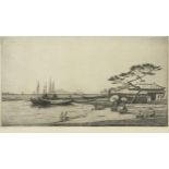 Robert W Allan - Females wearing kimonos before boats, pencil signed print, mounted, framed and
