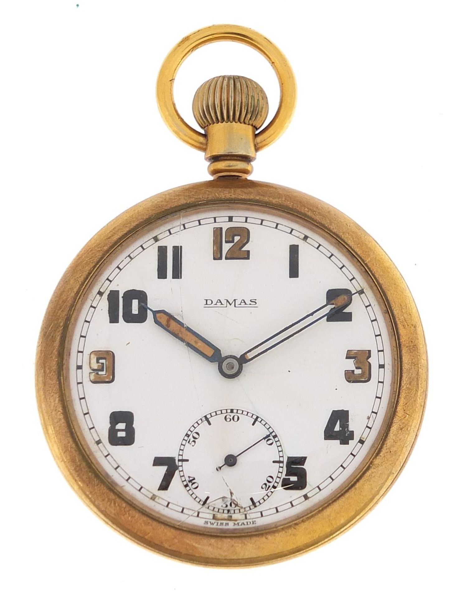 Damas, gentlemen's military interest gold plated open face pocket watch engraved G S/TP XX 189625,