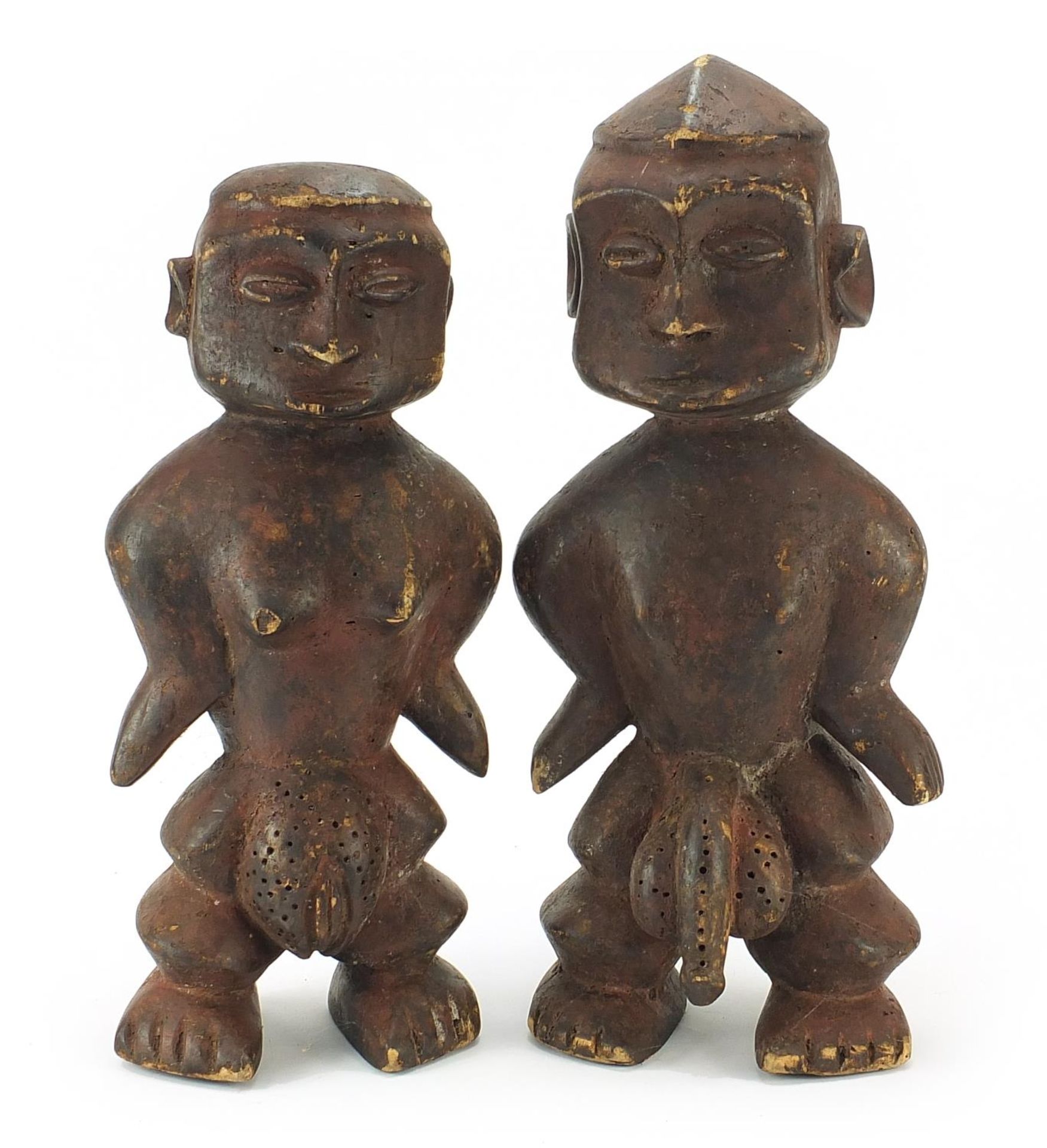 Pair of tribal interest carved hardwood fertility figures, the largest 50cm high