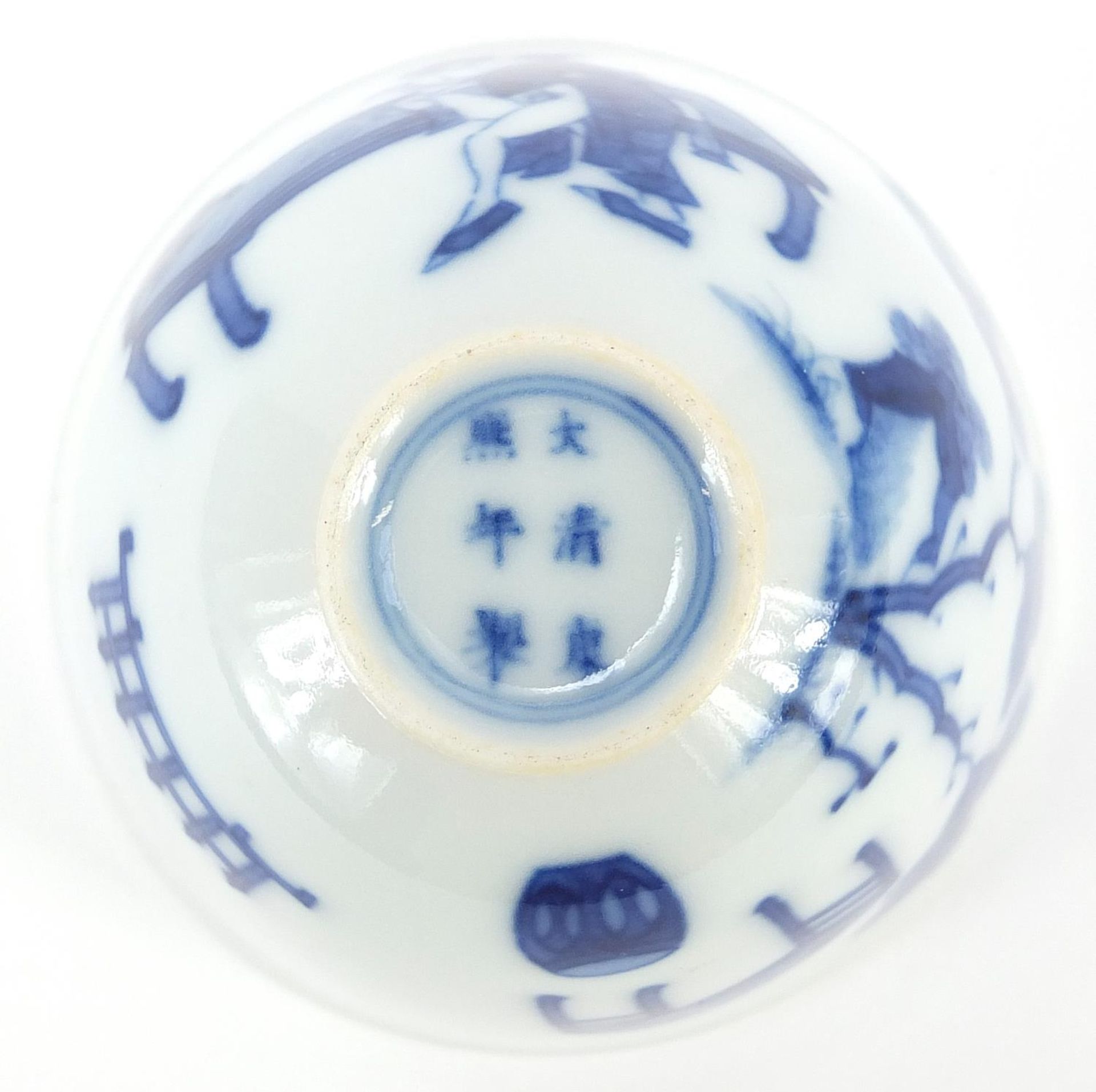 Chinese blue and white porcelain tea bowl hand painted with an erotic scene, six figure character - Image 3 of 3