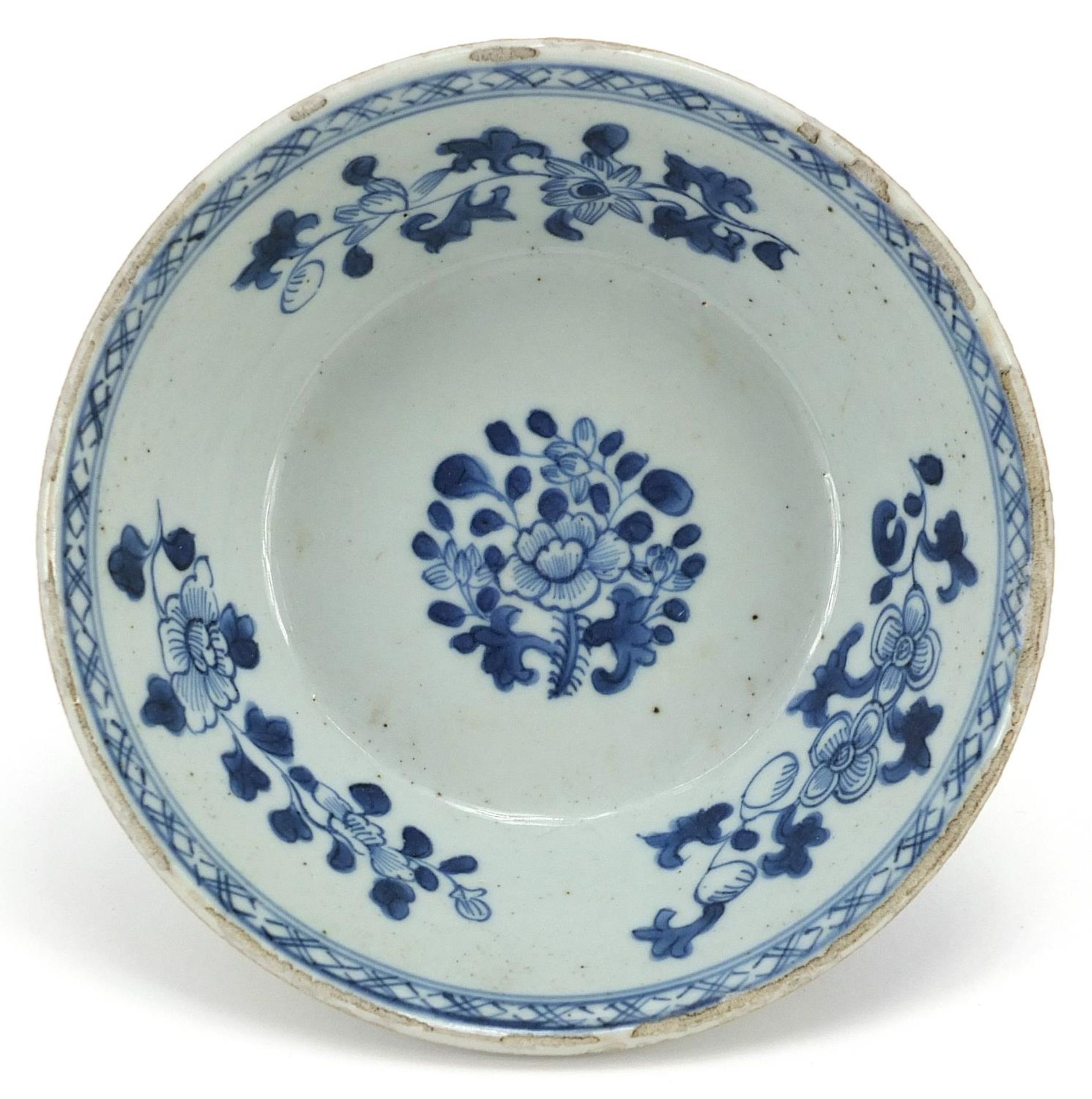 Chinese blue and white porcelain bowl hand painted with a river landscape and flowers, 15cm in - Image 3 of 4