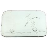 Art Deco wall hanging mirror engraved with a leaping deer, 66cm x 38cm
