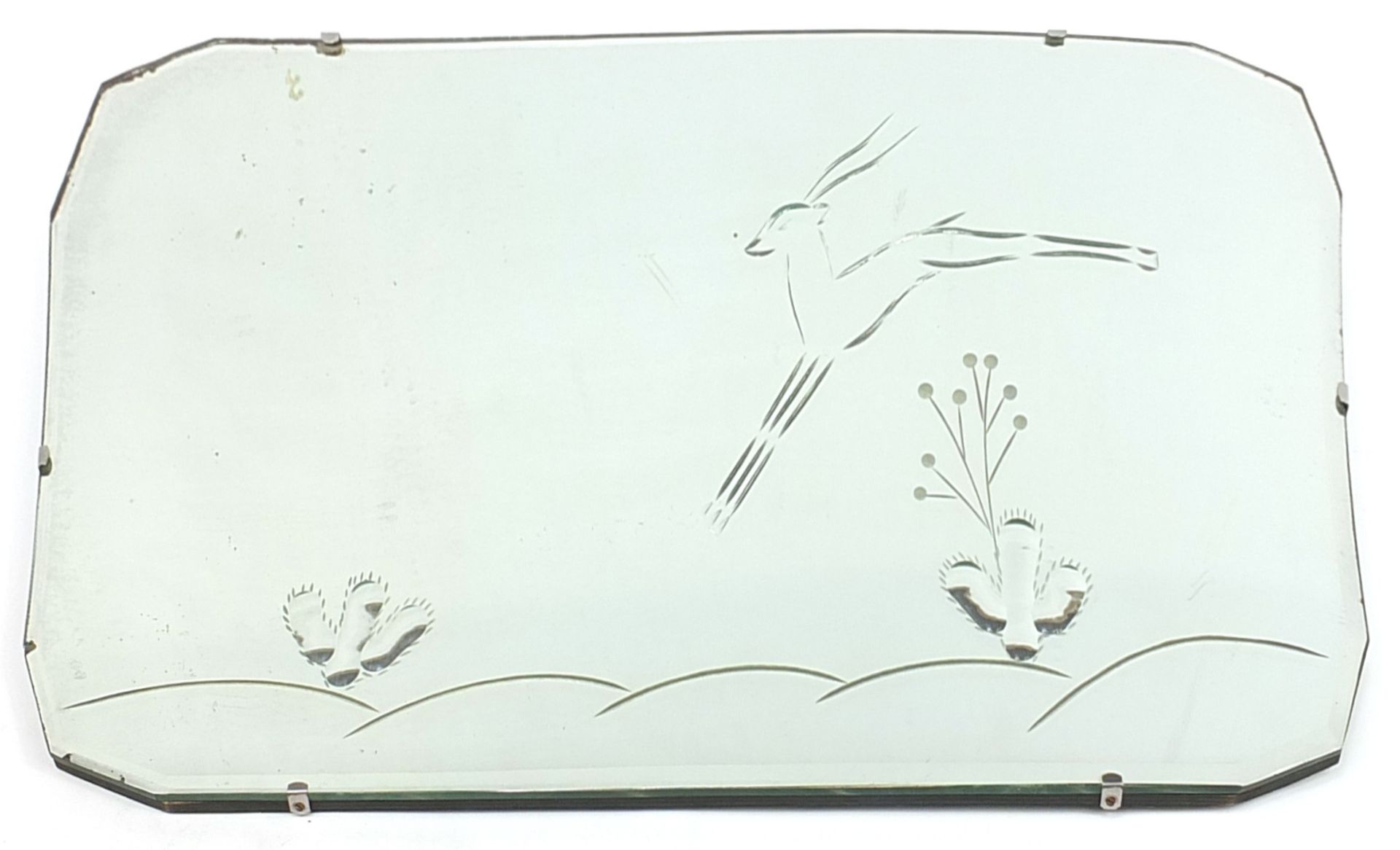 Art Deco wall hanging mirror engraved with a leaping deer, 66cm x 38cm