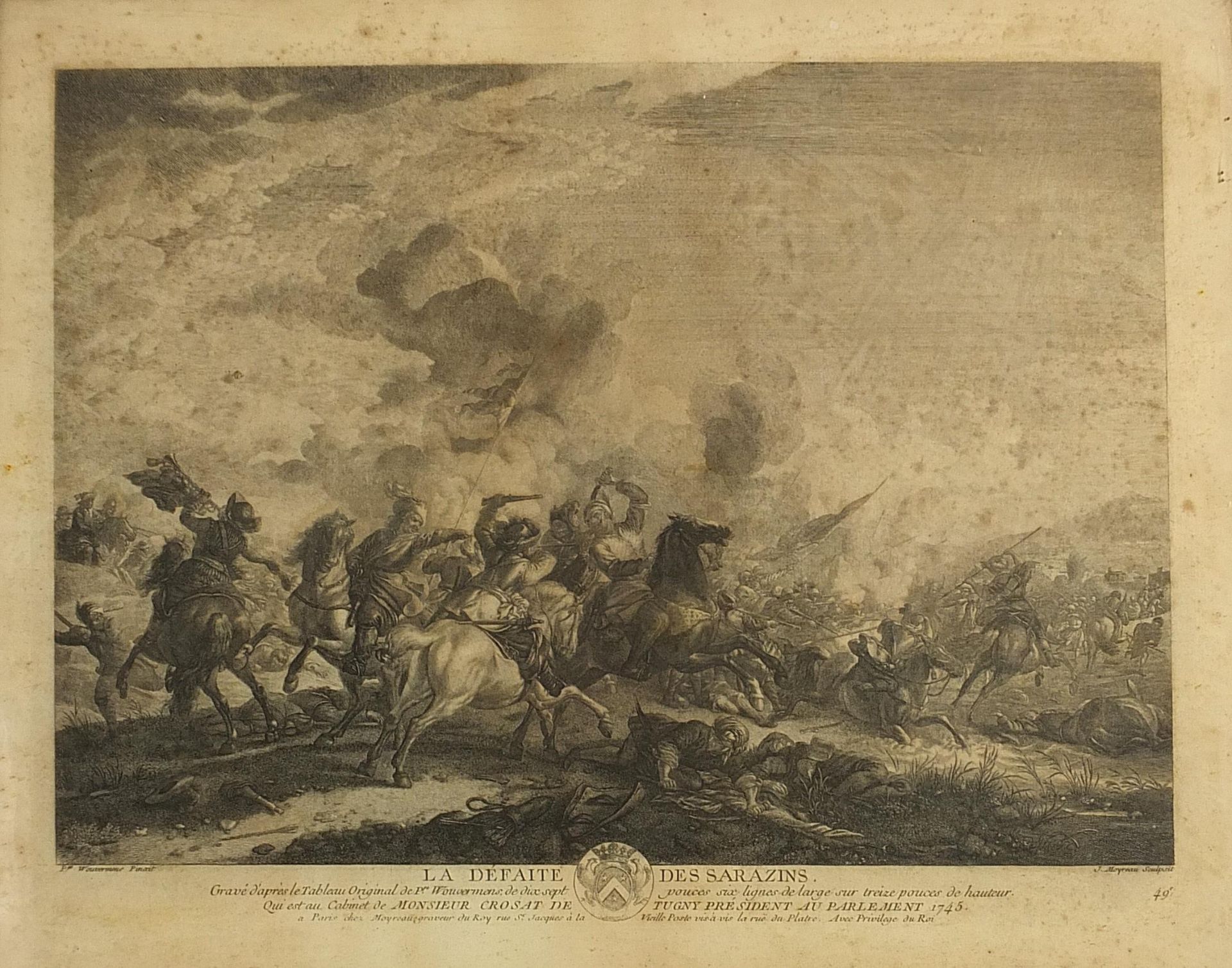 La Defaite des Sarazins and one other, two 18th century engravings, each mounted, framed and glazed, - Image 6 of 9