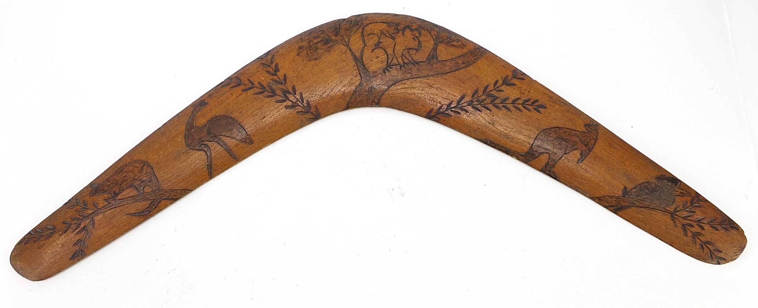 Australian Aboroginal wooden boomerang carved with animals, 57cm in length