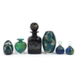 Mdina glassware comprising decanter with stopper, two vases and three paperweights, the largest 22.