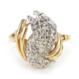 14ct gold diamond and white sapphire cocktail ring, the shank stamped Garland, size T, 5.4g