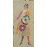 After Sonia Delaunay - Abstract composition, standing female, oil on board, mounted, framed and