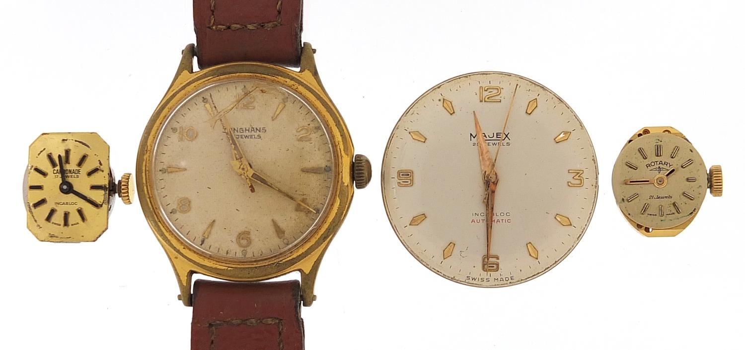 Vintage Junghans wristwatch and three watch movements comprising Majex, Rotary and Carronade