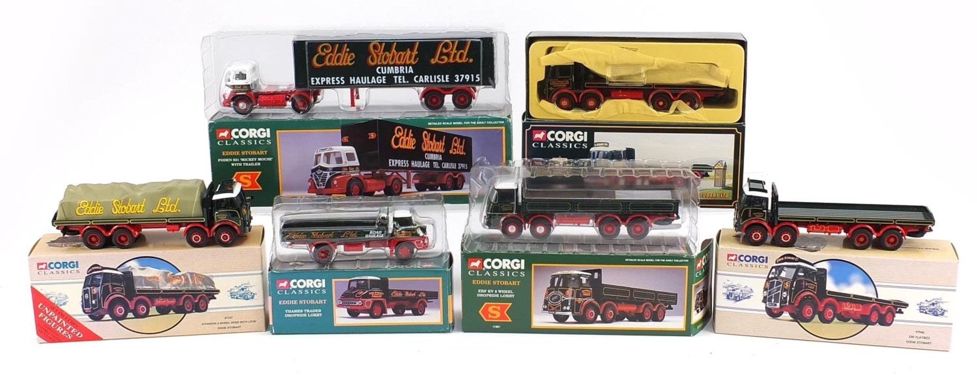 Six Corgi diecast Eddie Stobart advertising lorries with boxes including Foden S21 with trailer,