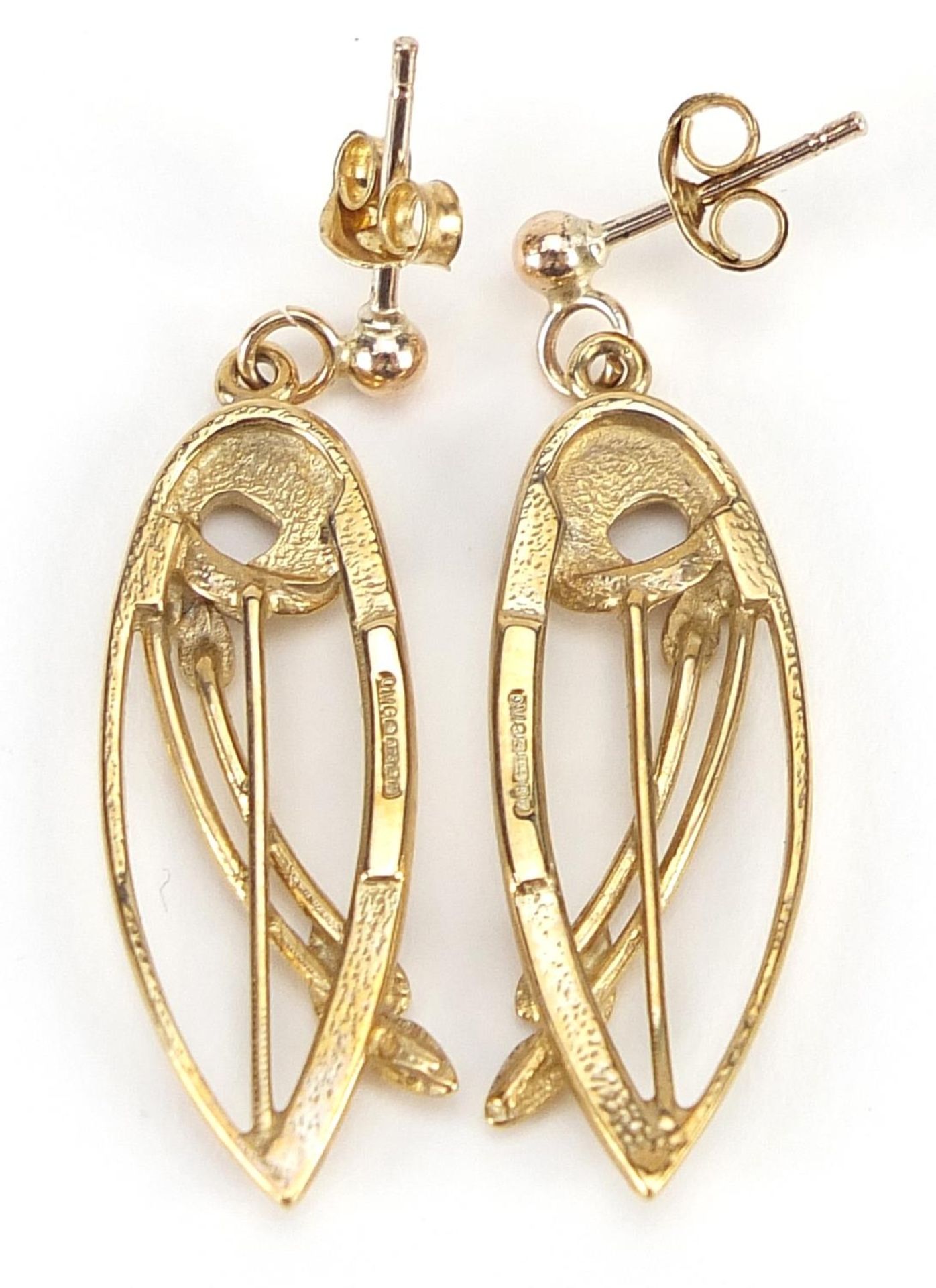 Pair of 9ct gold Rennie Mackintosh design drop earrings, 3.2cm high, 4.0g - Image 2 of 5