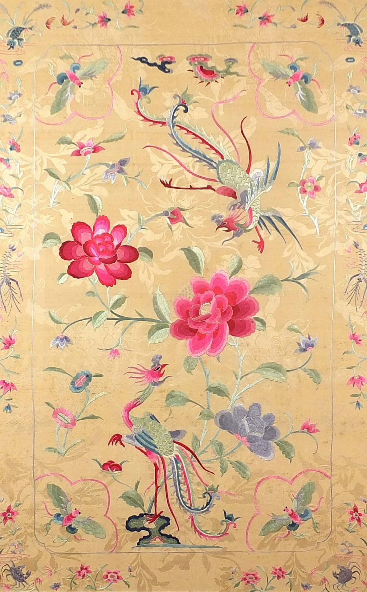 Phoenixes amongst insects and flowers, Chinese silk embroidered panel, framed and glazed, 100cm x