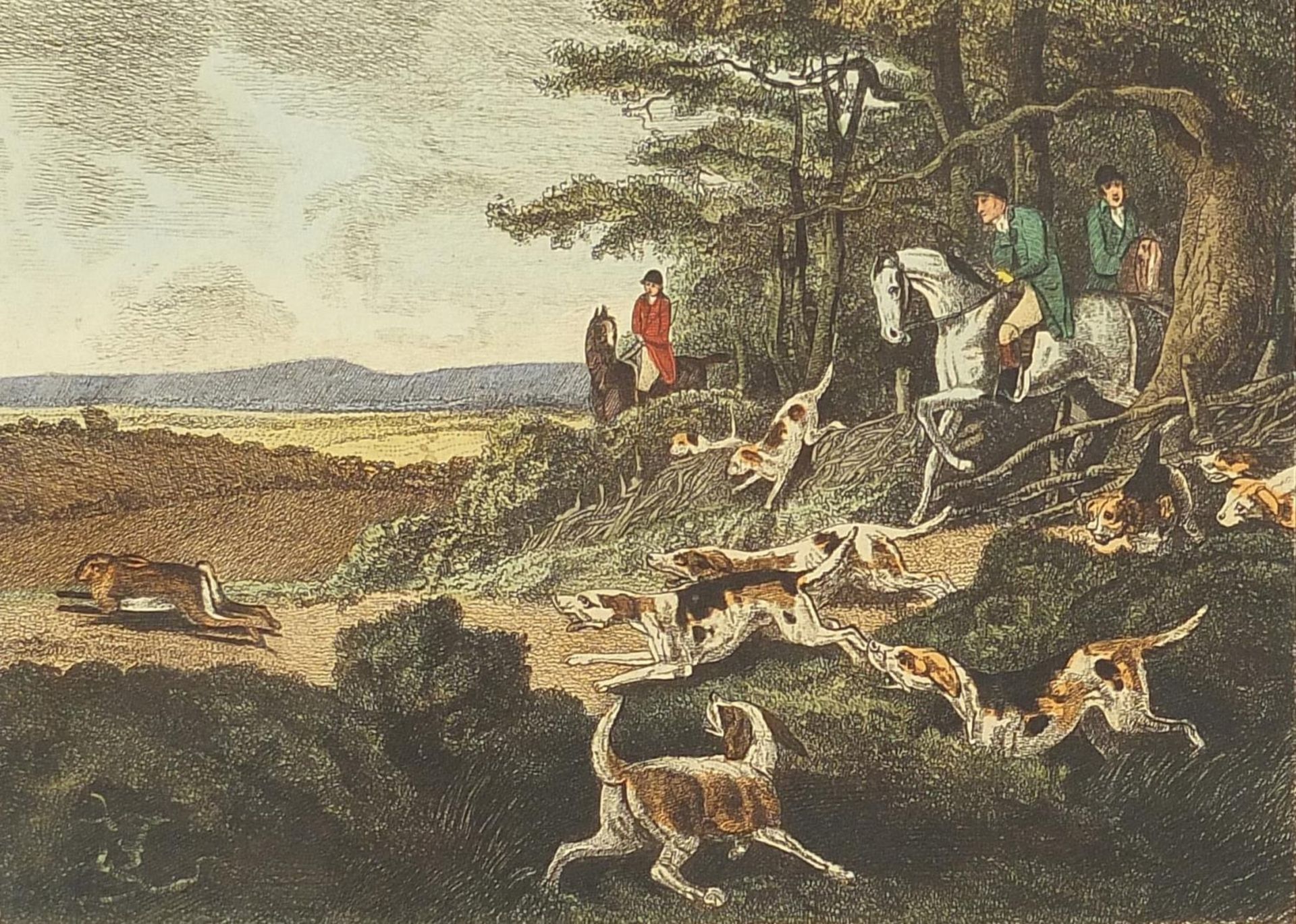 Hare Hunting and Minnow Fishing, pair of late 18th century prints in colour, each framed and glazed, - Image 7 of 10