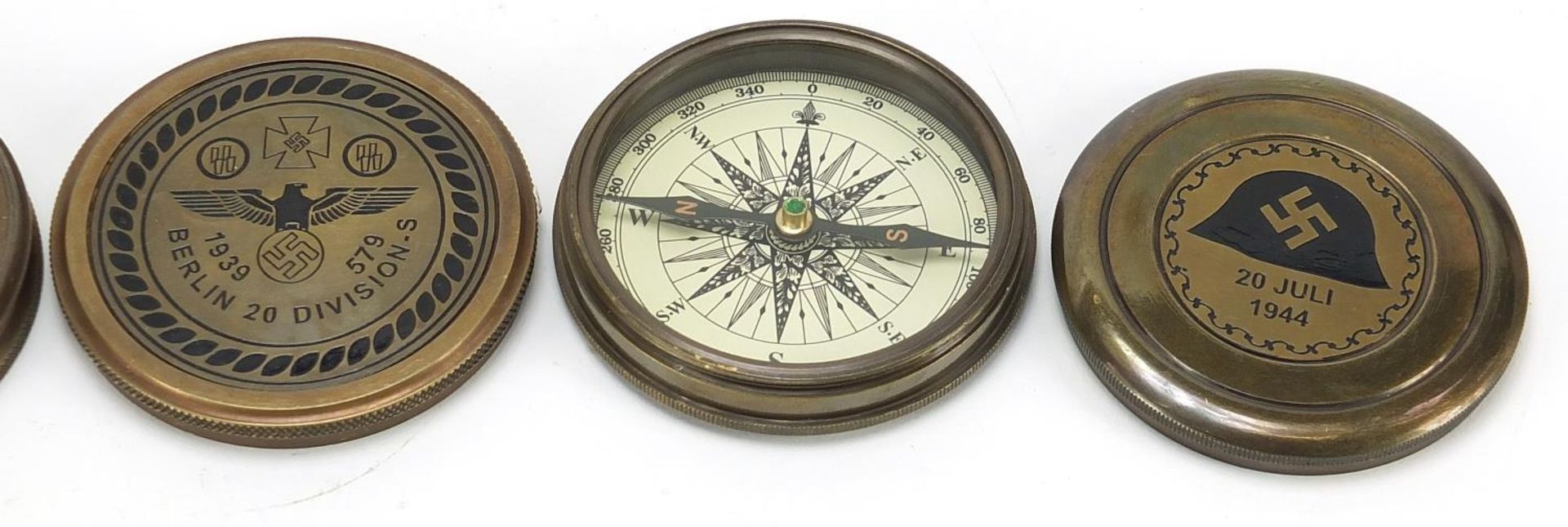 Three naval interest brass compasses including two German style examples, each 7.5cm in diameter - Image 3 of 4